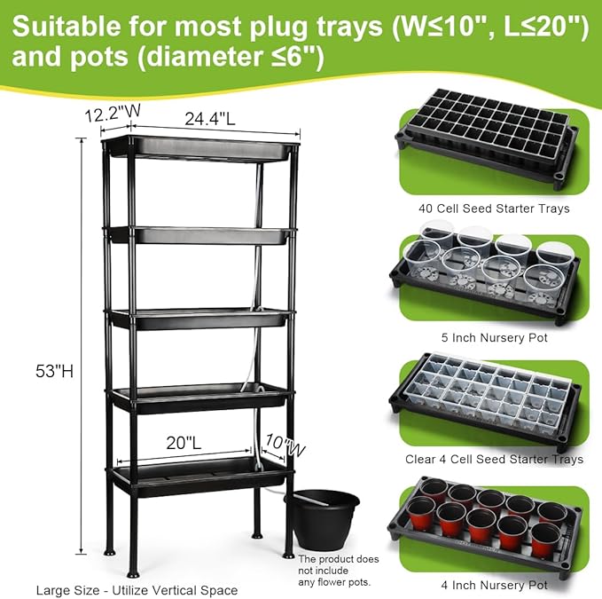 5-Tier Seed Starter Tray Plant Stand with Grow Lights - Hydroponics Growing System Ebb and Flow Seedbeds Siphoning Watering Designed for Nursery Cell Trays Plant Pots