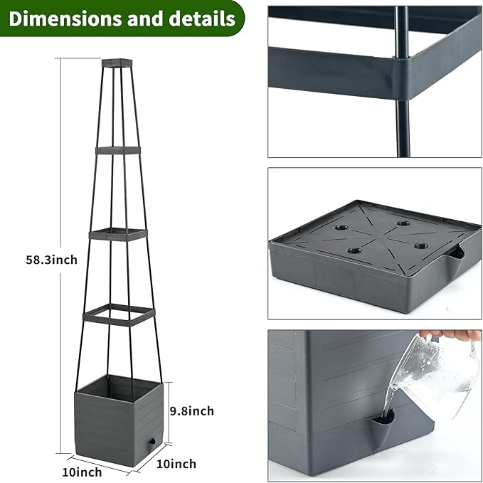 2 Pack Raised Garden Bed Planter Boxes with Trellis 58.3'' Tomato Planters for Climbing Vine Vegetables Flowers Plants Self Watering Tomatoes Cage for Outdoor Patio Greenhouse