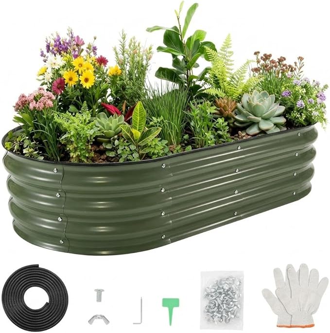 4x2x1 ft Galvanized Raised Garden Bed Open Base Metal Planter Box Oval Flower Bed with Safe Rubber Edge for Outdoor Vegetables Flowers &amp Herbs Easy Assembly Green
