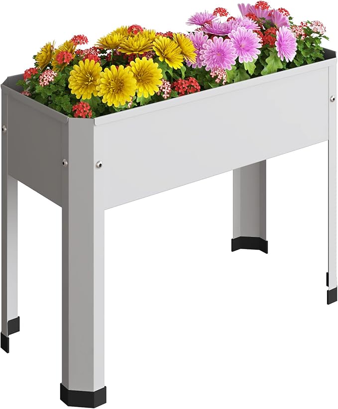 Raised Garden Bed with Detachable Legs Elevated Metal Planter Box for Growing Fresh Herbs Vegetables Flowers Succulents&ampOther Plants for Outdoor Backyard Patio Deck Balcony White S