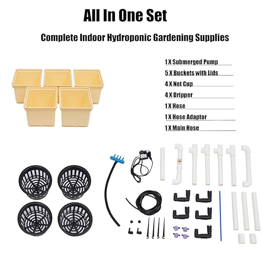 5 Hydroponic Buckets Kit for Plants Top Feed Drip Hydroponics Growing System for Herbs/Tomato/Vegetables DWC System with Submerged Pump (Complete Indoor Hydroponic Gardening Supplies)