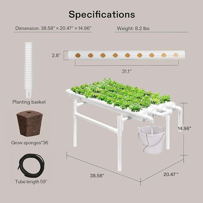 VIVOSUN Hydroponic Grow Kit 1 Layer 36 Plant Sites 4 Food-Grade PVC-U Pipes Hydroponics Planting System with Water Pump Pump Timer Nest Basket and Sponge for Leafy Vegetables