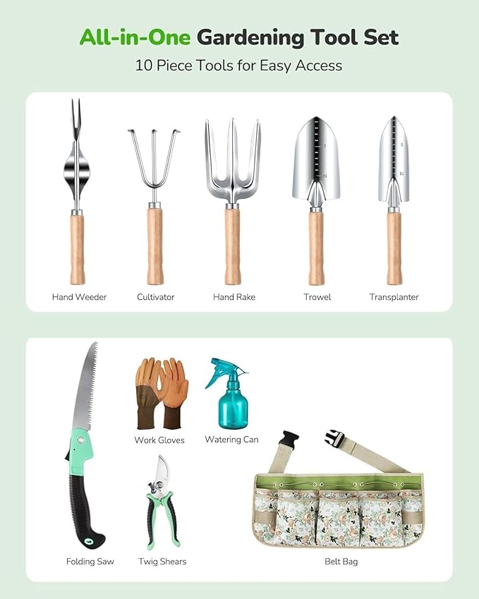 9-Piece Heavy Duty Garden Tools Set with Tote Bag Stainless Steel Gardening Kit with Ergonomic Handles Rust-Proof Outdoor Gift Set for Women Gardening Gifts