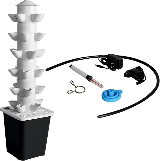 Tower Garden Hydroponic Growing System 30 Pods Vertical Garden Growing Rack Indoor Smart Garden Kit with Pump &amp Movable Tank Auto Timer Black
