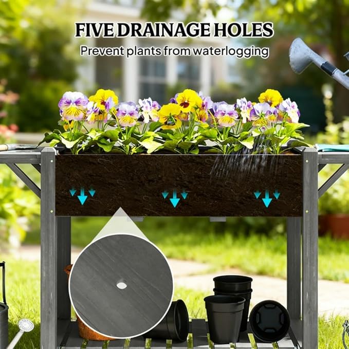 Elevated Garden BedWood Raised Planter Boxwith Lockable WheelsSide TablesBottom ShelfDrain Holes