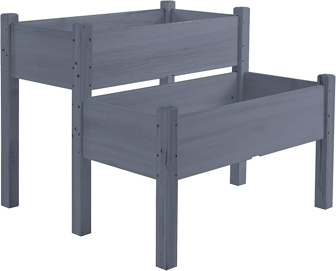 34x34x28 Raised Garden Bed 2-Tier Elevated Wood Planter Box for Backyard Patio to Grow Vegetables Herbs and Flowers Gray