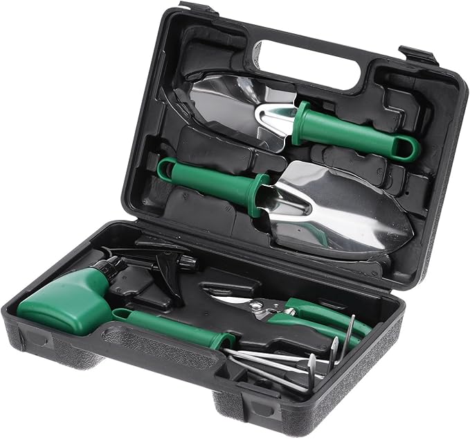 HARFINGTON 1 Set Garden Tool Set 5 Pieces Plastic Gardening Planting Tools Kits with Shovels Rake Scissor Water Sprayer and Store Case Green