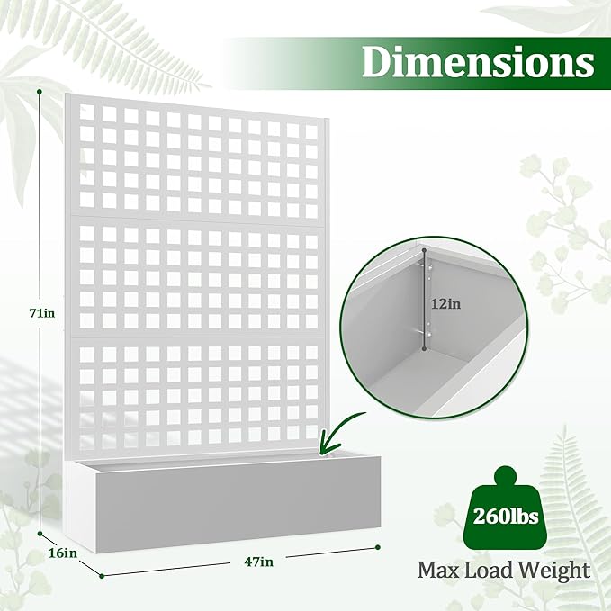 Metal Raised Garden Bed with Trellis 2 in 1 Trellis with Planter Box &amp Privacy Screen for Climbing Plants Vine Outdoor Standing Flower Beds with Drainage Holes 47.2 L x 16.7 W x 70.8 H Whi