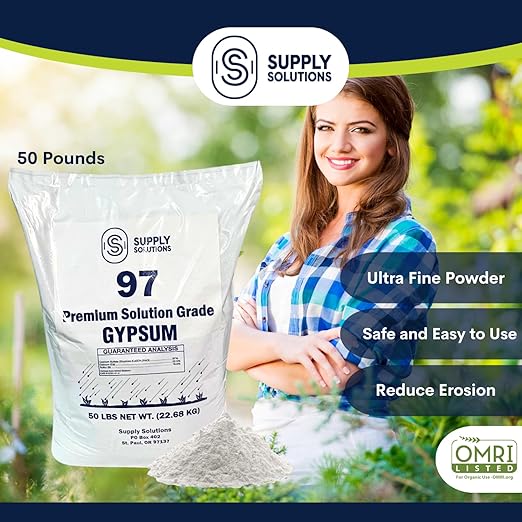 Supply Solutions Premium 97 Solution Grade Gypsum - Fast Acting Gypsum for Soil - Organic Calcium Sulfate Dihydrate - Gypsum Powder for Root Growth Lawns Mushroom Cultivation (50lbs)