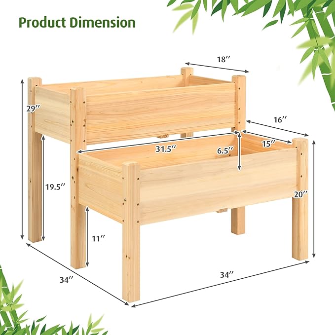 RELAX4LIFE 2-Tier Raised Garden Bed - Fir Wood Garden Elevated Planter Box with Legs 8 Drainage Holes220 Capacity for Growing Vegetable Elevated Garden Bed for Outdoor Yard Patio Balcony (Natural)