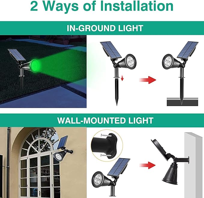 T-SUNUS Green Solar Lights Outdoor 6 Pack IP65 Waterproof 4 LED Solar Spotlight Wall Light Auto-on/Off Security Light Landscape Light for TreePatioYardGardenDrivewayPool Area