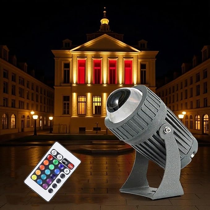 10W Rotation Spotlight - Long Range LED Flood Lights Narrow Beam Angle Landscape Lamps AC 220V Outdoor Wall Washer IP65 Building Exterior Wall Lighting Projector(RGB+Remote Control)
