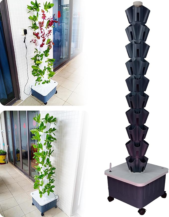 Hydroponics Tower Indoor Growing Vertical Garden Planter Indoor Smart Garden Kit Garden Hydroponic Growing Vertical Tower for Fruits and VegetablesGrey-10floors