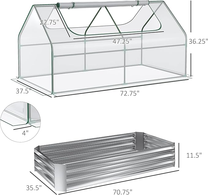 6' x 3' Galvanized Raised Garden Bed with Mini PVC Greenhouse Cover Outdoor Metal Planter Box with 2 Roll Up Windows for Growing Flowers Fruits Vegetables and Herbs Silver