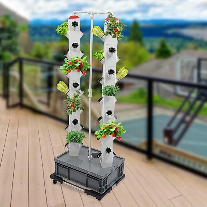 56-Plant Hydroponic Growing Tower System Indoor/Outdoor Sturdy Vertical Garden Kit with Smart Water Pump Timer &amp Wheels - Auto Circulation Durable PP Design for Vegetables Herbs