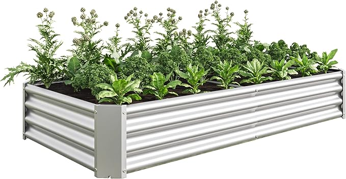 Raised Garden Bed Outdoor Metal Rectangle Raised Planter Beds 6×3×1ft Galvanized Metal Planter Box for Vegetables Flowers Herbs-Silver