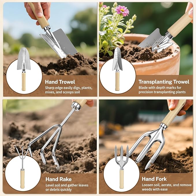 LASZOLA 9 Pcs Garden Tools Set with Tote Bag and Hand Trowel Rake Shovel Heavy Duty Stainless Steel Gardening Kit for Outdoor Plant Standable Portable Handbag Organizer Ideal for Women Mom Green