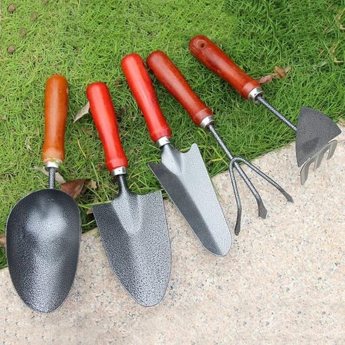5PCS/Set Wooden Handle Iron Garden Shovel Rake Spade for Flowers Potted Plant Bonsai Mini Gardening Tools Set Digging Weeding
