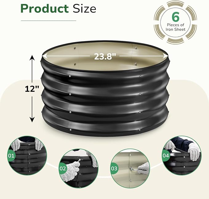 GreatBuddy 2x2x1 ft Round Galvanized Raised Bed Easy-Assembly Raised Garden Bed with Anti-Cut Gloves &amp Tools Rust-Proof Garden Bed for Outdoor Vegetables Herbs Small Trees Black