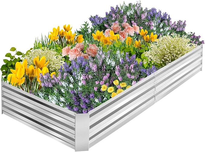 Galvanized Raised Garden Bed 6x3x1 ft Raised Beds for Gardening Outdoor Raised Bed Kit with Metal Pole Reinforcement Anti-Rust Metal Planter Raised Beds for Flowers Vegetables Silver