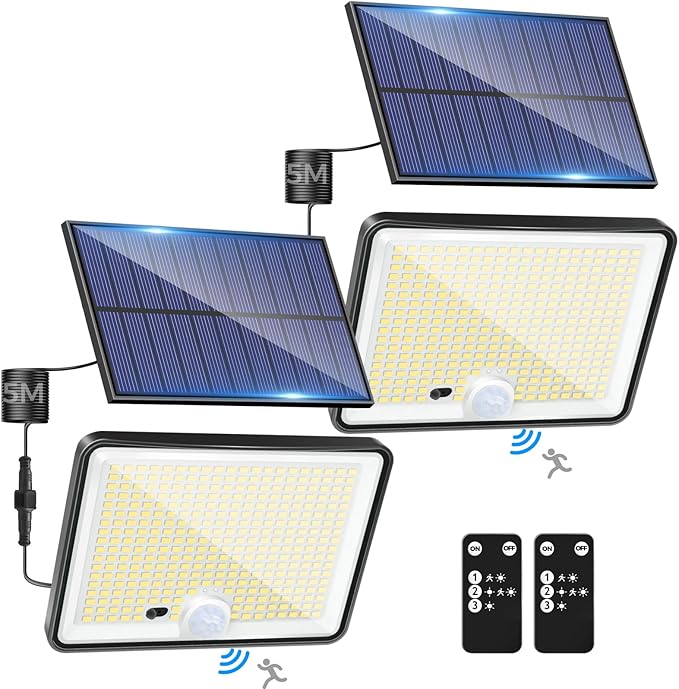 LOTMOS 2 Pack Outdoor Solar Motion Detector Light 342 LED Light 3 Modes Solar Lighting for Garden Garage Yard Cool White