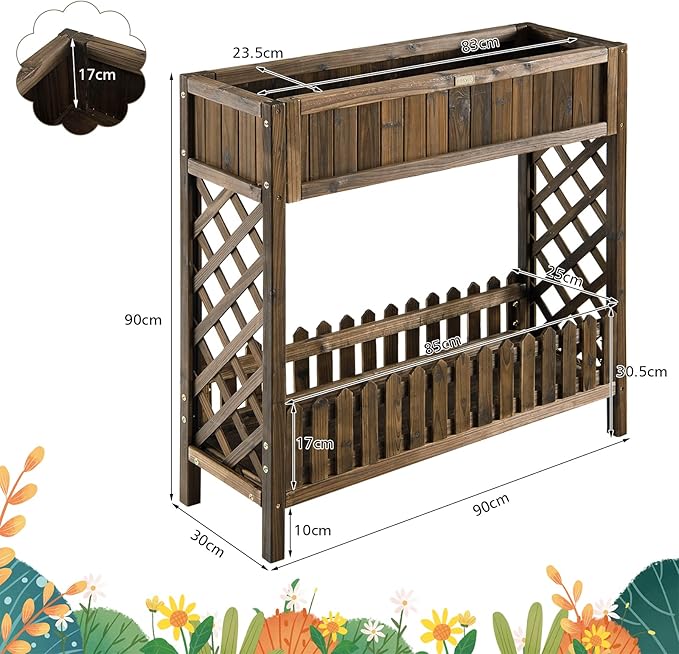 S AFSTAR 2-Tier Raised Garden Bed Indoor Outdoor Flower Bed with Bottom Shelf Fence 35.5” H Wood Elevated Planter Box for Vegetable Flower Herb Succulent Ideal for Patio Balcony Backyard