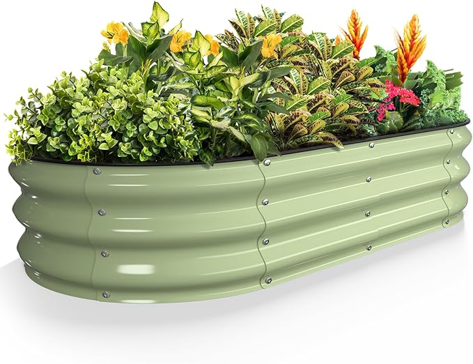 Kesfitt Raised Garden Bed 4x2x1 FT Galvanized Steel Metal Raised Garden Bed Oval Open-Bottom Design 12-Inch Deep for Outdoor Vegetable &amp Herb Gardening Fruit Green
