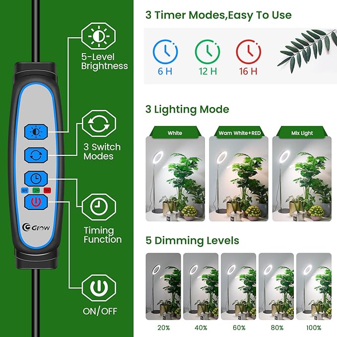 Grow Lights for Indoor Plants Full Spectrum 80 LEDs Plant Light for Indoor Plants Height Adjustable 6.3in Desktop Growing Lamp with Auto Timer 6/12/16Hrs 3 Optional Spectrums5 Brightness