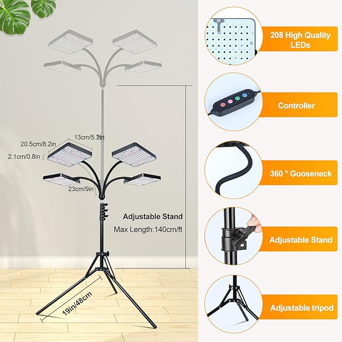 FECiDA 2026 4Head Grow Light with Stand 100 Watt Power Draw Bright and Big Coverage Grow Lights for Large Houseplants Bonsai Tree 4/8/12/16/20 Hr Timer 24-72 Height Adjustable 360° Gooseneck
