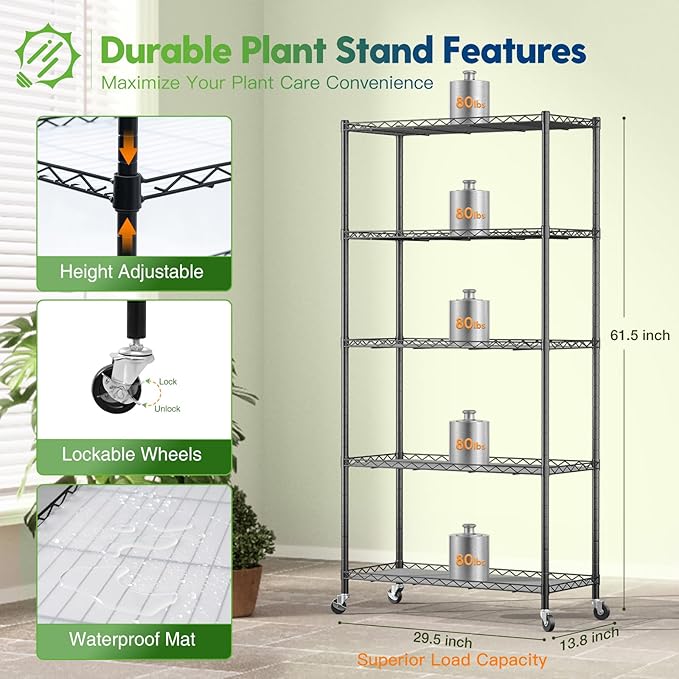 FREELICHT 5 Tier Plant Shelf with 4-Pack 2FT 30W LED Grow Lights with Timer+ 2 Pack 4FT 40W Grow Light with Timer Sunlike Full Spectrum Plant Light for Hydroponic Indoor Plant Seedling Veg