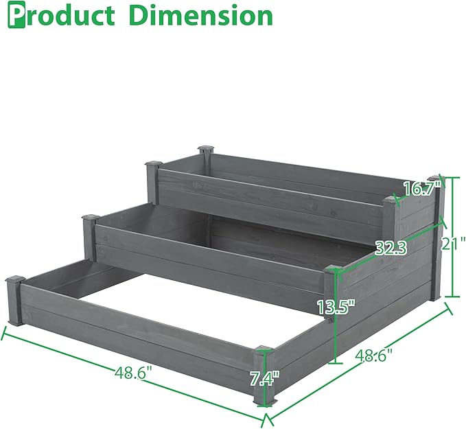 3 Tier Wooden Raised Garden BedTiered Outdoor Elevated Flower BoxHorticulture Open-Bottom Planter Raised Garden BedVegetables Growing Planter for Backyard Patio Gardener Grey