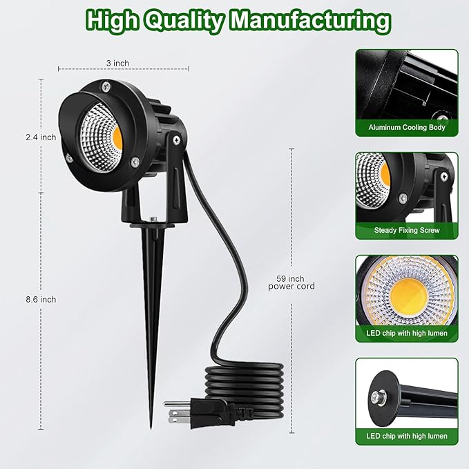 Romwish Outdoor Spotlight 3000K Warm White12W LED Spot Lights Outdoor for Yard Garden Tree 120V Plug in Landscape Lighting with IP65 Waterproof for Lawn Decorative 2Pack