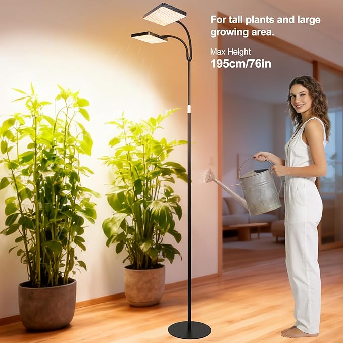 FECiDA 2026 2Head Floor Lamp Grow Light Grow Lights with Stable Stand Base for Indoor Plants Bonsai Tree 4/8/12/16/20 Hr Timer 50 Watt Power Draw NO Need Adapter 40-76 Height Adjustable
