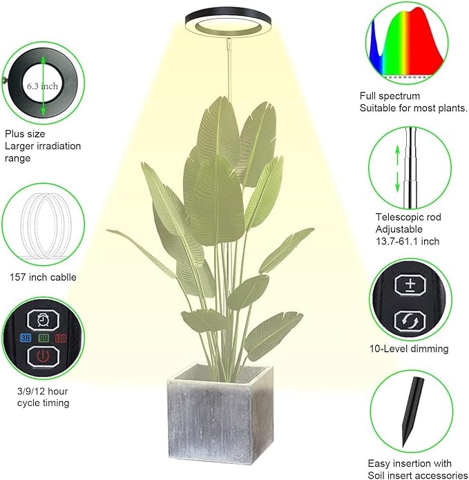 FILFEEL 10W Plant Grow Light Full Spectrum Sunlight 3/9/12 Hour Timer 10-Level Dimming for Large Potted Plants (Black 72 Beads)