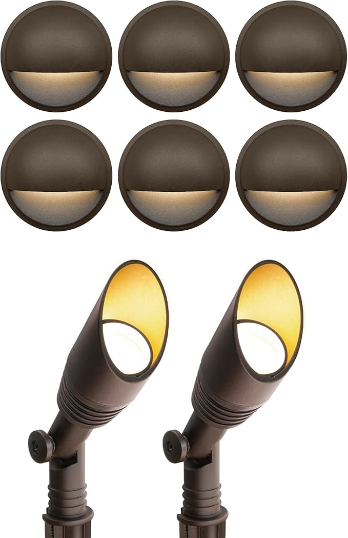 GKOLED 6Pack Brown Low Voltage LED Round Deck Light with 2Pack Brown Low Voltage 6W Mini Size Landscape Spot Light