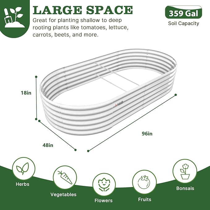 A ANLEOLIFE 8X4X1.5 ft Galvanized Raised Garden Beds Outdoor Oval Large Metal Planter Box for Planting Vegetables Flowers Herb Anti-Rust &amp Easy-Setup Antique White