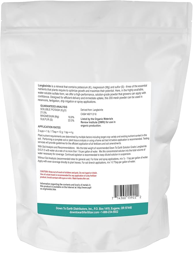 Down To Earth All Natural Fertilizers Organic Solution Grade Langbeinite - Professional Grade Potassium Magnesium Sulfate Powder 200 mesh for Liquid or Spray 0-0-21.5 5 lb