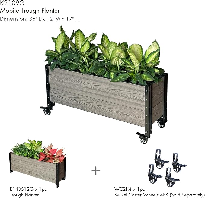 Everbloom Modular Trough Wood Plastic Composite Planter in Gray 36 L x 12 W x 14 H - Grow Veggies Flowers Herbs Indoor Outdoor Narrow Space Backyard Patio Deck