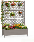 Mobile Garden Planter with Trellis &amp Lockable Wheels Outdoor Raised Bed with Drainage &amp Water Gauge Weather-Resistant Resin for Patio Balcony Yard Dust-Resistant (Grey 43.43*18.27*64.29)