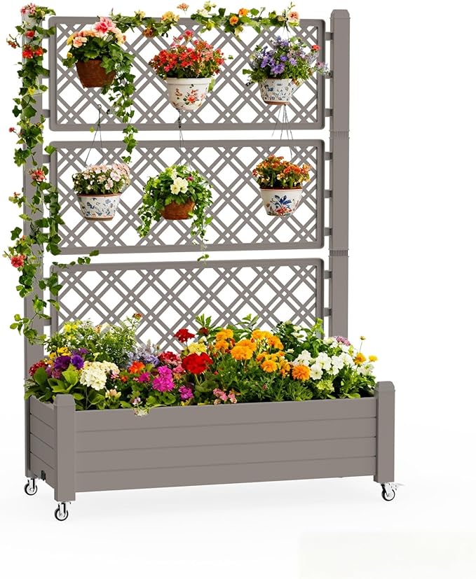 Mobile Garden Planter with Trellis &amp Lockable Wheels Outdoor Raised Bed with Drainage &amp Water Gauge Weather-Resistant Resin for Patio Balcony Yard Dust-Resistant (Grey 43.43*18.27*64.29)