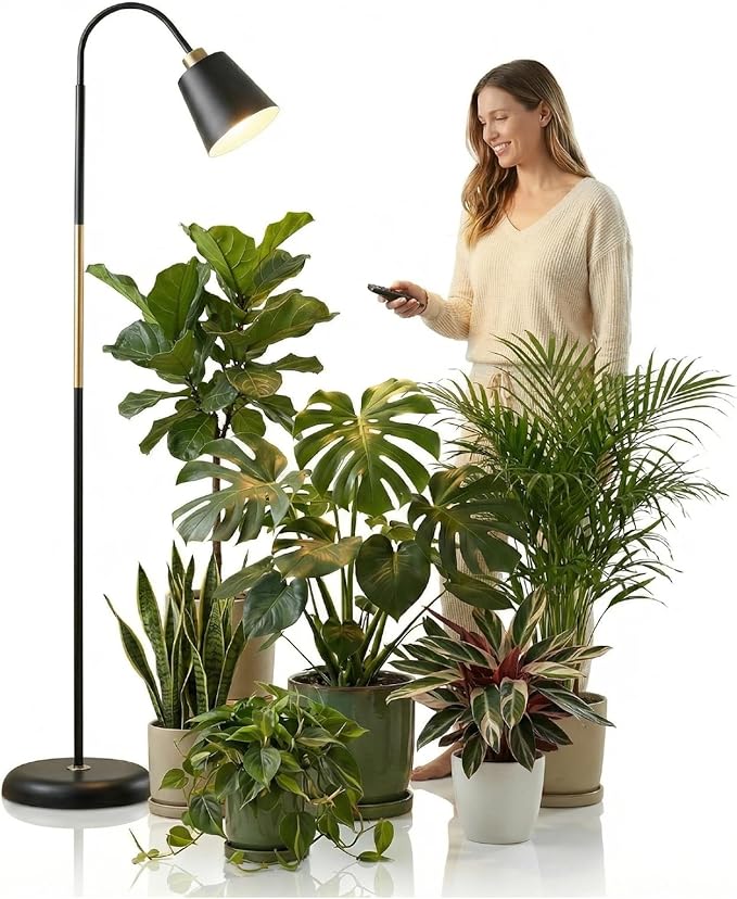 Floor Lamp Grow Lights for Indoor Plants Adjustable Height Tall Standing Plant Light with Remote &amp Timer 360° Gooseneck Full Spectrum Dimmable Weighted Base