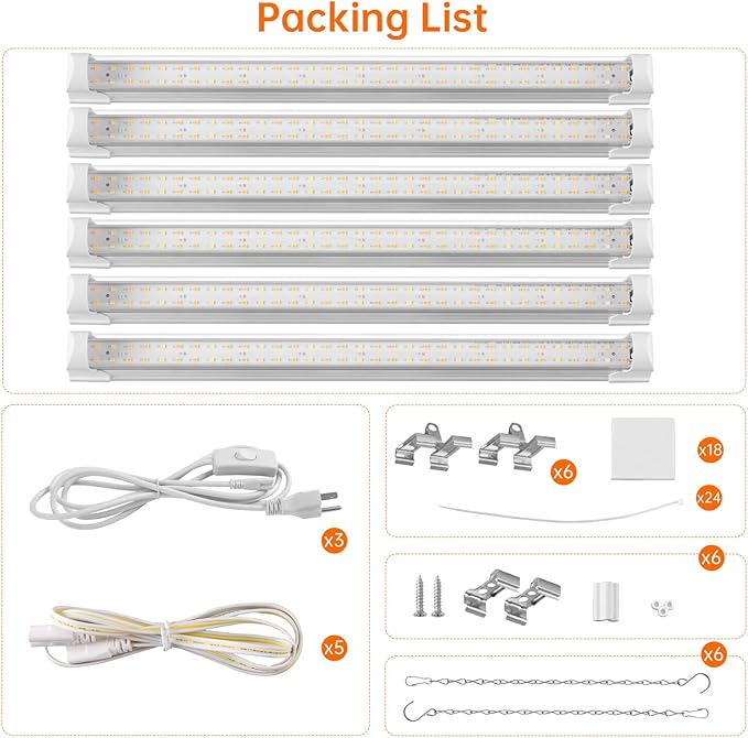 Bstrip T8 Grow Light 1.4FT 108W (6 x 18W) Plant Lights for Indoor Growing Full Spectrum with 660nm Red LEDs 3467K Ideal for Indoor Plants Greenhouse Linkable Design with On/Off Switch 6-Pack