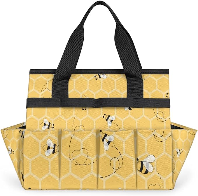 Yellow Bee Gardening Tool BagHeavy Duty Garden Tote BagPortable Oxford Gardening Storage Basket Organizer Handbag with Pockets HandleHand Tools Gifts for Outdoor Garden Lawn Yard