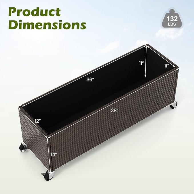Giantex Wicker Raised Garden Bed with Wheels 38”x12”x14” Rectangular Garden Planter Box w/PE Rattan Liner Fabric Wicker Patio Elevated Raised Bed for Vegetable Flower Herb Porch Balcony
