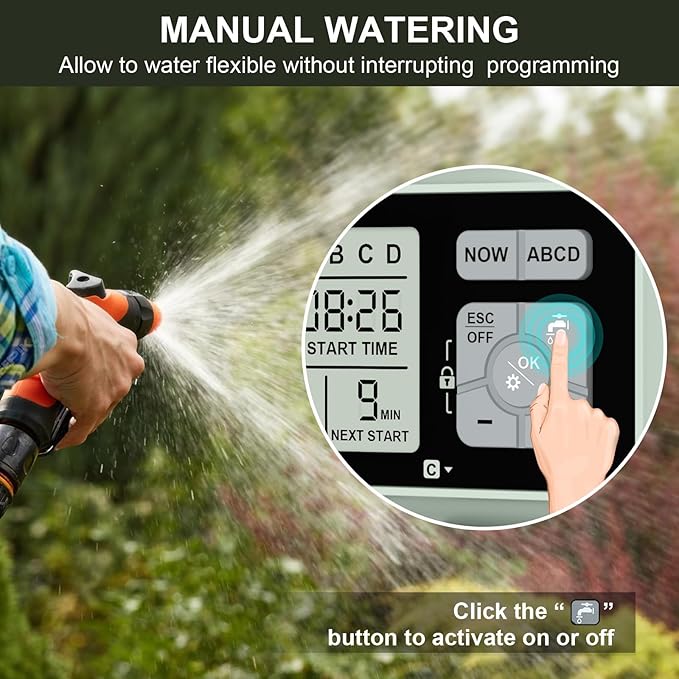 Watering Timer 4 Zone with with Brass Inlet Sprinkler Timer Programmable Garden Outdoor Hose Faucet Timers with Rain Delay/Manual/Automatic Watering SystemWater Hose Irrigation Timers 4 Outlet