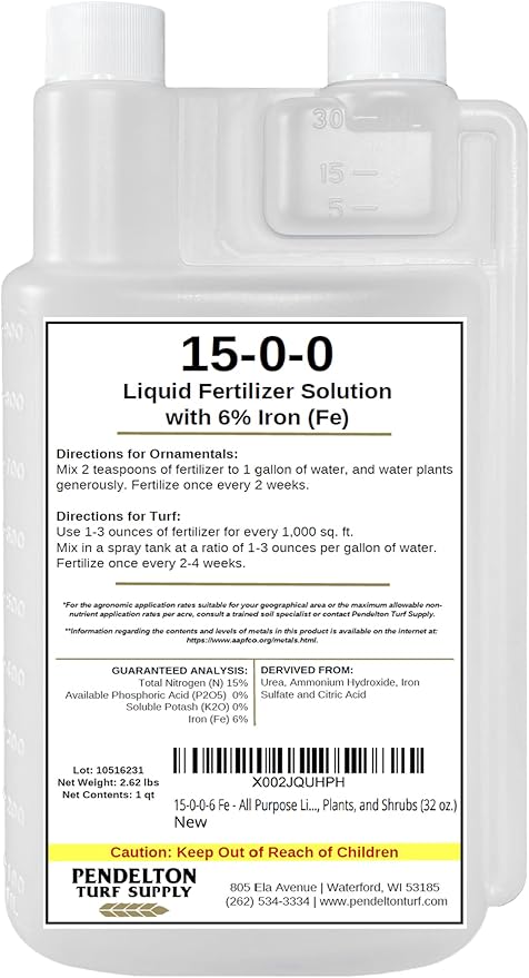 Pendelton Turf Supply Inc. 15-0-0-6 Fe All Purpose Liquid Iron Fertilizer Solution for Darker Greener Turf Plants and Shrubs (32 oz.)