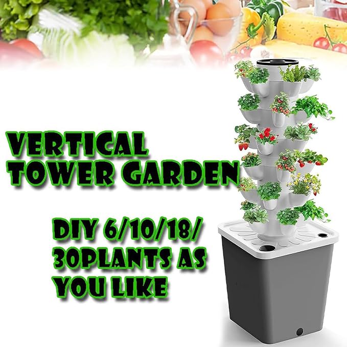 Aeroponics Growing Kit for Herbs Fruits &amp Vegetables - Hydroponic Tower System with 30 Holes Net Pots and Timer for Efficient Indoor Gardening
