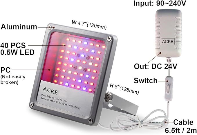 ACKE LED Grow Lights Full SpectrumPlant LightsGrowing Lamps 12W for Indoor PlantsHydropoincs