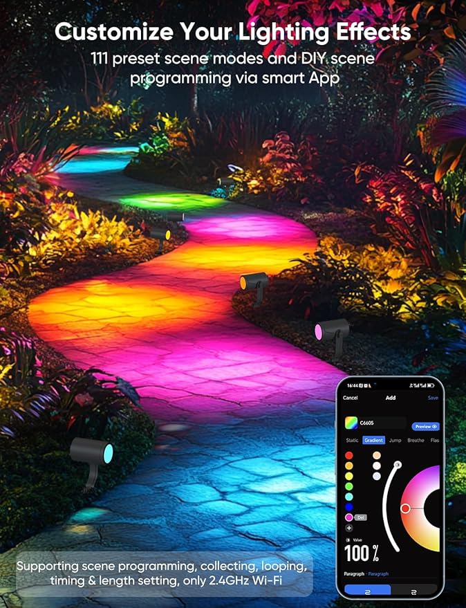 APPECK Smart Landscape Lighting Kit 36W RGBCW Smart Landscape Lights 6 Pack IP65 Waterproof Outdoor Spotlights Alexa/Google Assistant Compatible for Garden Pathway Yard Holiday Decor
