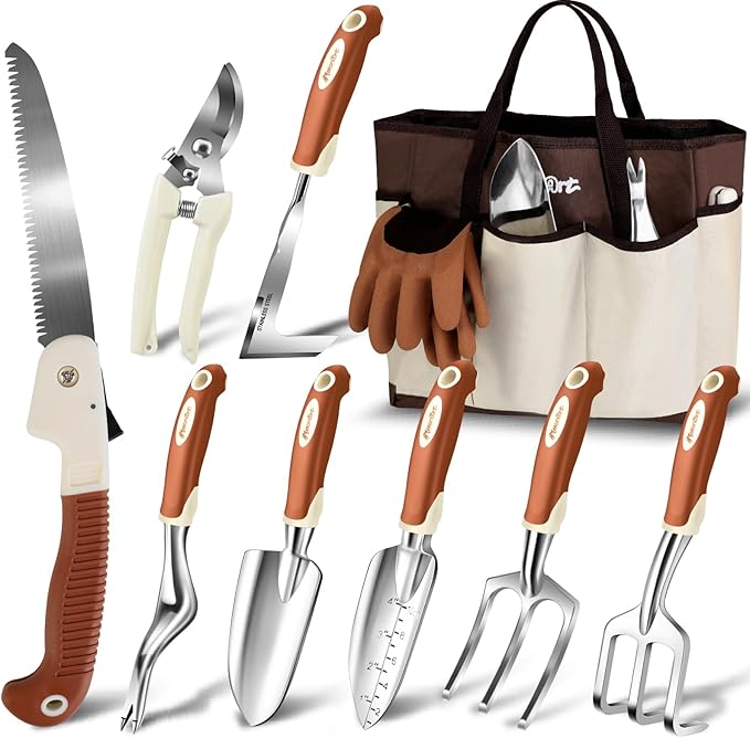 MelonArt Garden Tool Set10 Pcs Heavy Duty Gardening Hand Tool Kit for Women Aluminum with Non Slip Ergonomic Handle Storage Tote Bag and Gardening Gloves Ideal Gifts for Women and Men
